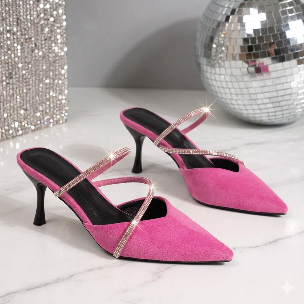 Point Toe Kitten Heels Sandals Women's Rhinestone Kitten Heel Mule Sandals