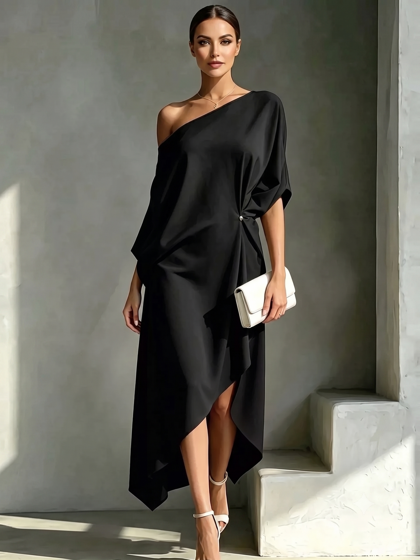 Asymmetrical One-Shoulder Draped Midi Dress