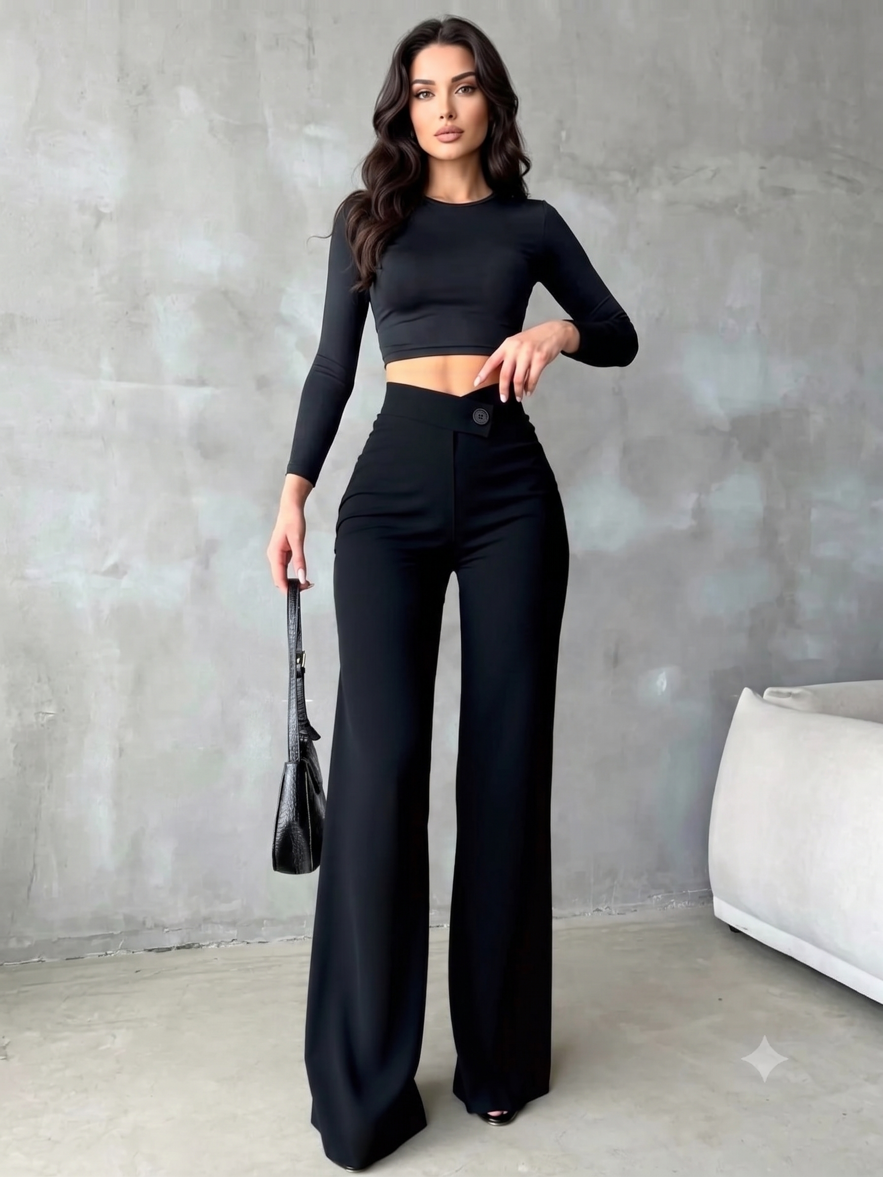 Black High-Waisted Wide-Leg Pants with Button Detail
