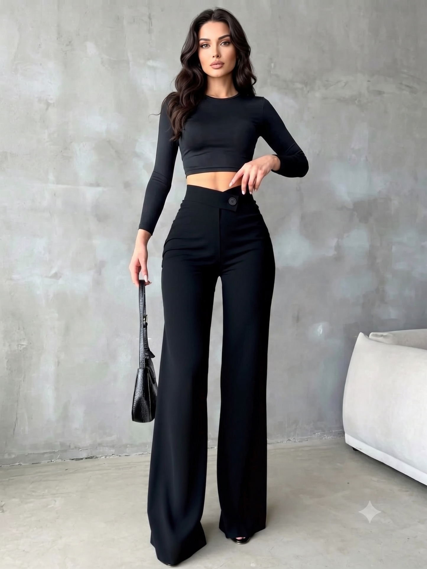 Black High-Waisted Wide-Leg Pants with Button Detail