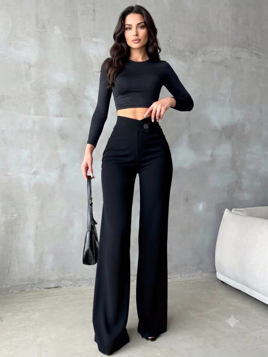 Black High-Waisted Wide-Leg Pants with Button Detail