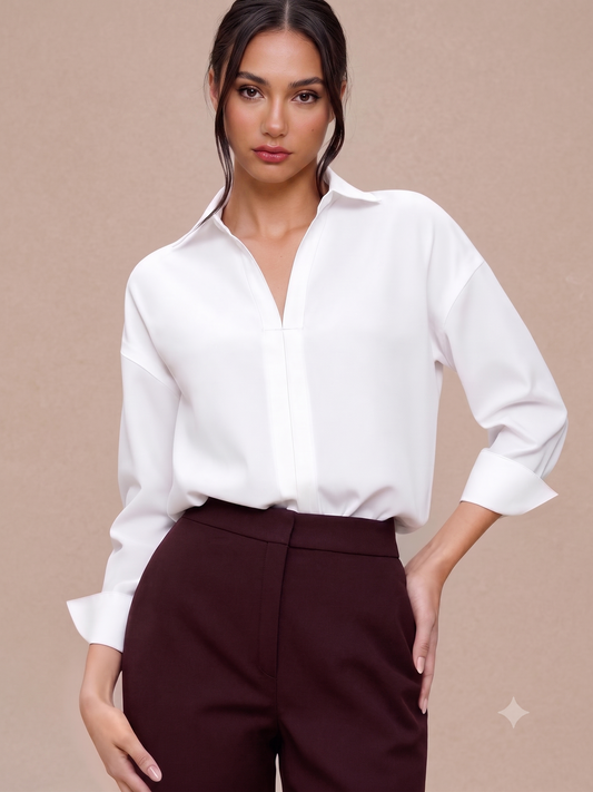 Oversized V-Neck Button-Down Blouse