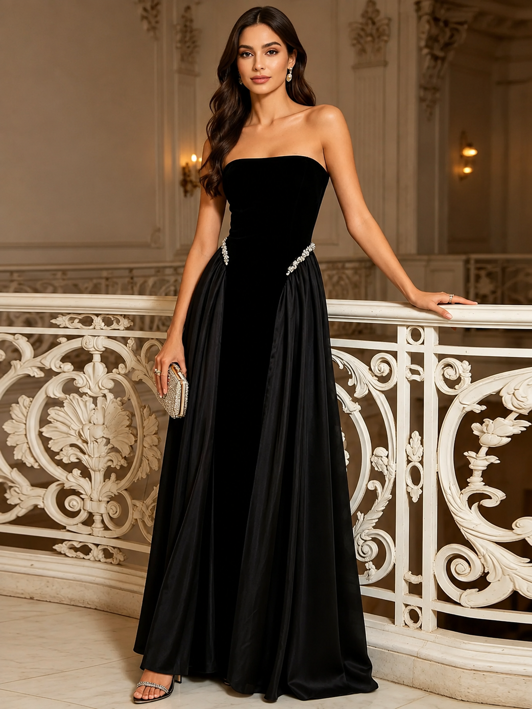 Rhinestone Lace-Up Strapless Maxi Dress