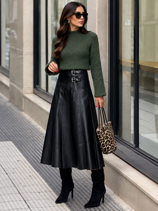 Black Faux Leather Buckle Midi Skirt