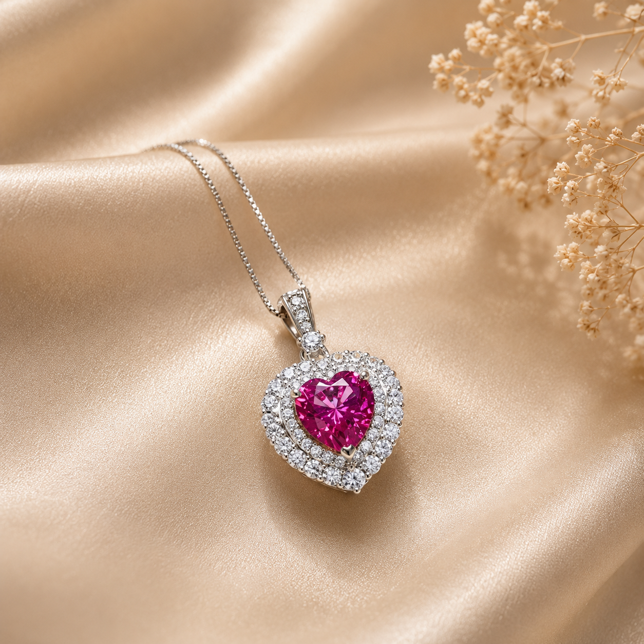 1 Carat 925 Sterling Silver Pink Heart Moissanite Halo Necklace