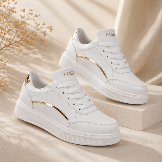 White Leather Gold Trim Lace Up Sneakers
