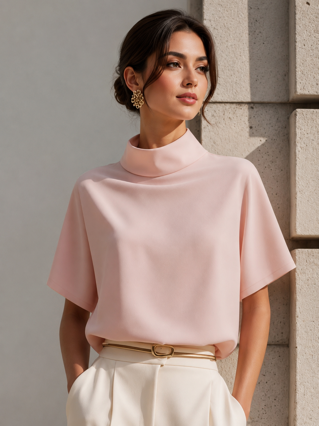Mock Neck Short Sleeve Blouse