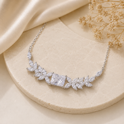 Radiant Cut Moissanite Floral Cluster Sterling Silver Necklace