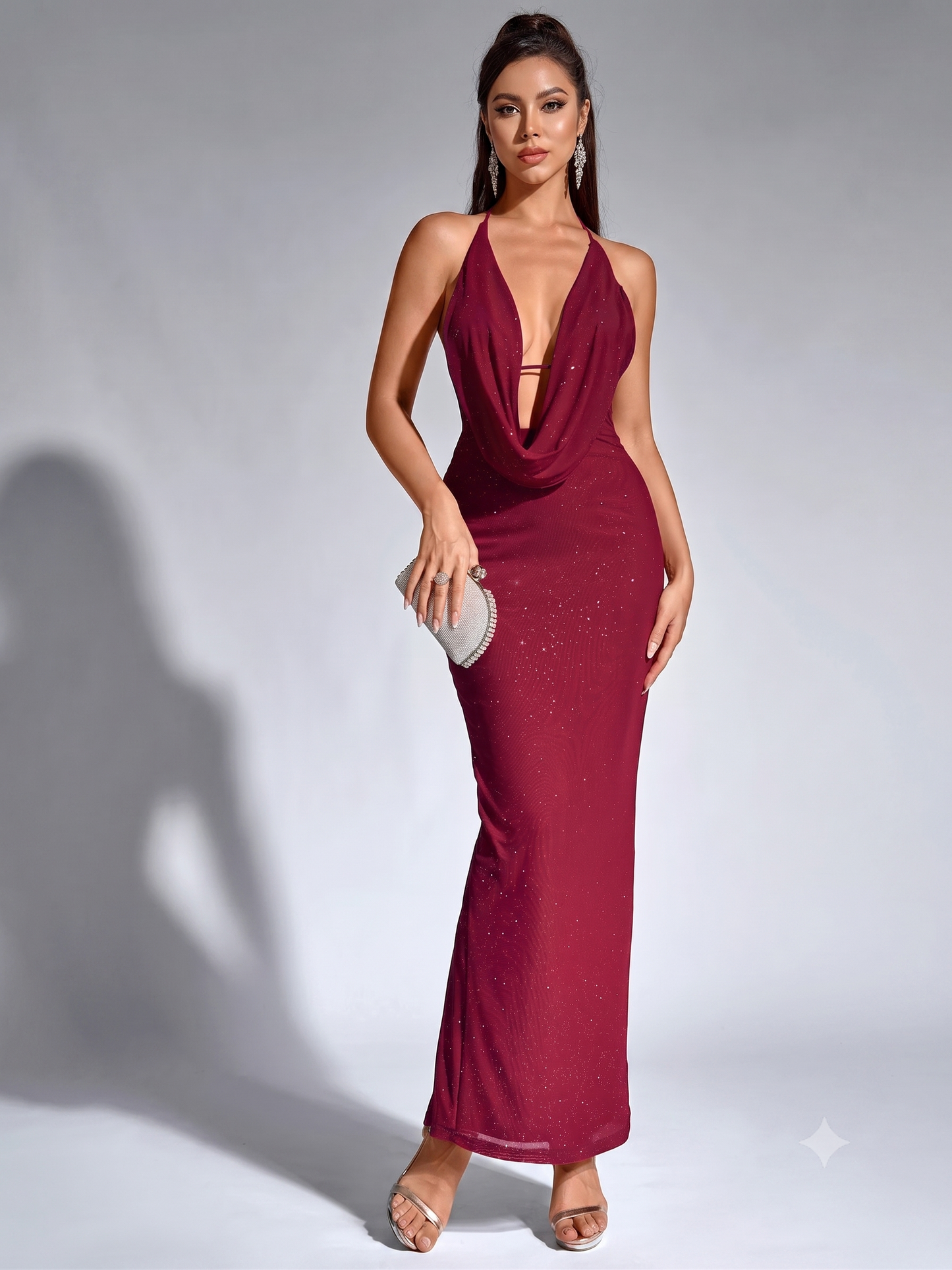Halter Neck Glitter Bodycon Maxi Dress