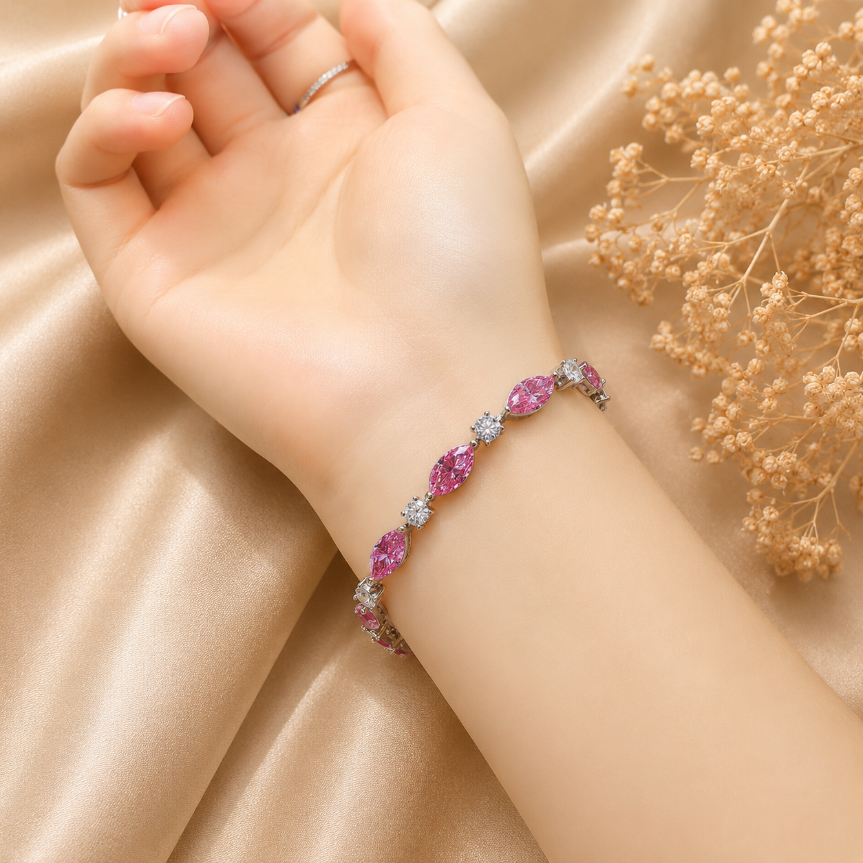 925 Sterling Silver Pink Marquise Moissanite Tennis Bracelet