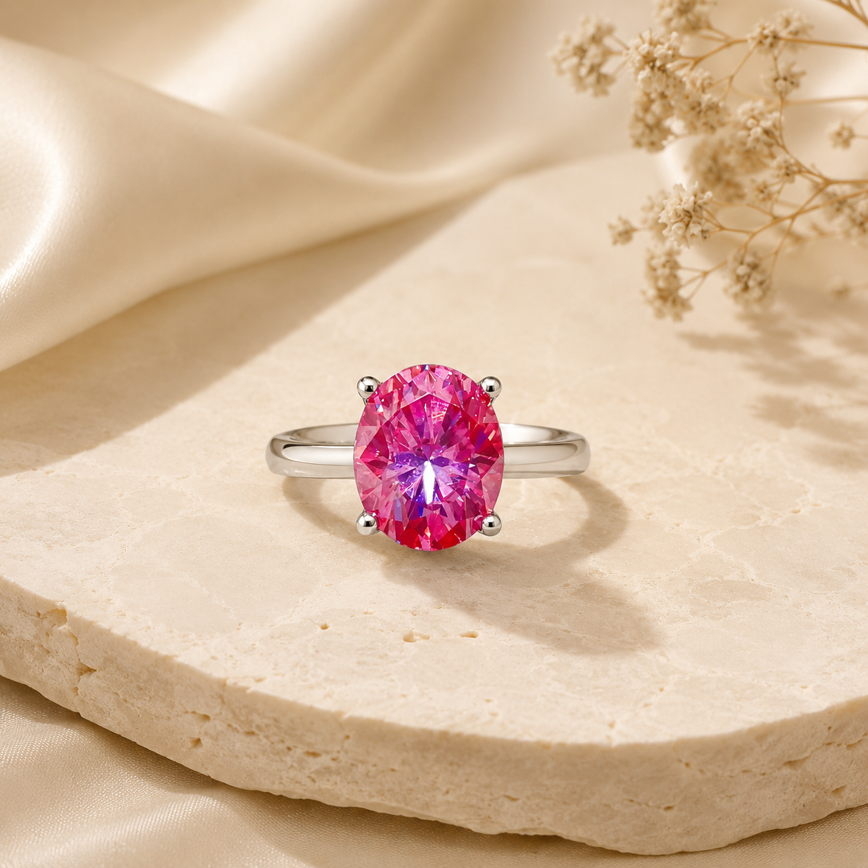 5 Carat Oval Cut Pink Moissanite Solitaire Ring in 925 Sterling Silver