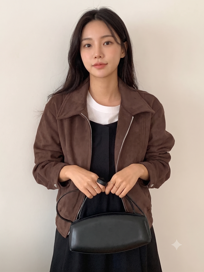 Brown Suede-Look Cropped Zip-Up Moto Jacket