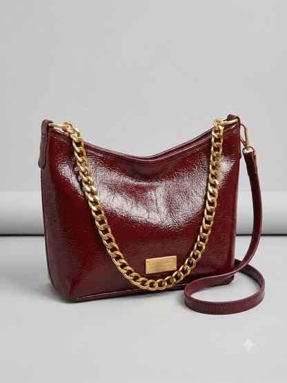 Burgundy Patent Leather Chain Strap Shoulder Bag with Bear Charm