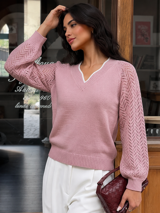 Rose Contrast Trim Openwork Sleeve Knit Sweater