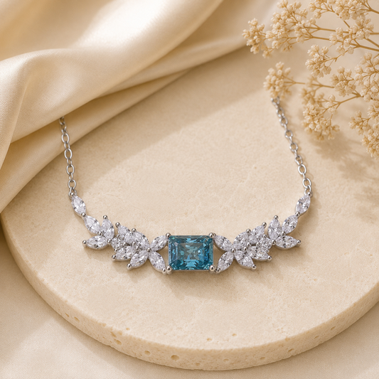 Blue Radiant Cut Moissanite Floral Cluster Sterling Silver Necklace