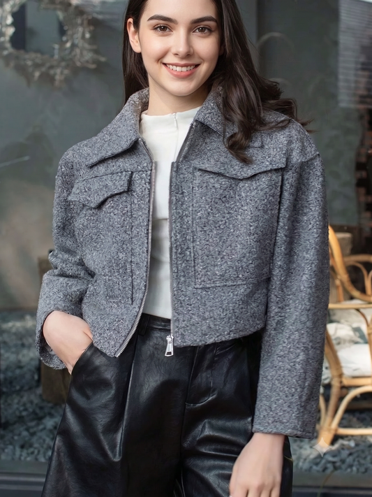 Tweed-Look Zip-Up Cropped Utility Jacket