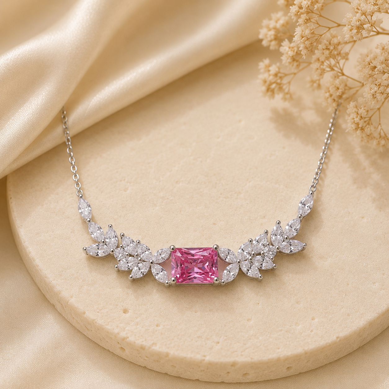 Pink Radiant Cut Moissanite Floral Cluster Sterling Silver Necklace