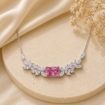 Pink Radiant Cut Moissanite Floral Cluster Sterling Silver Necklace