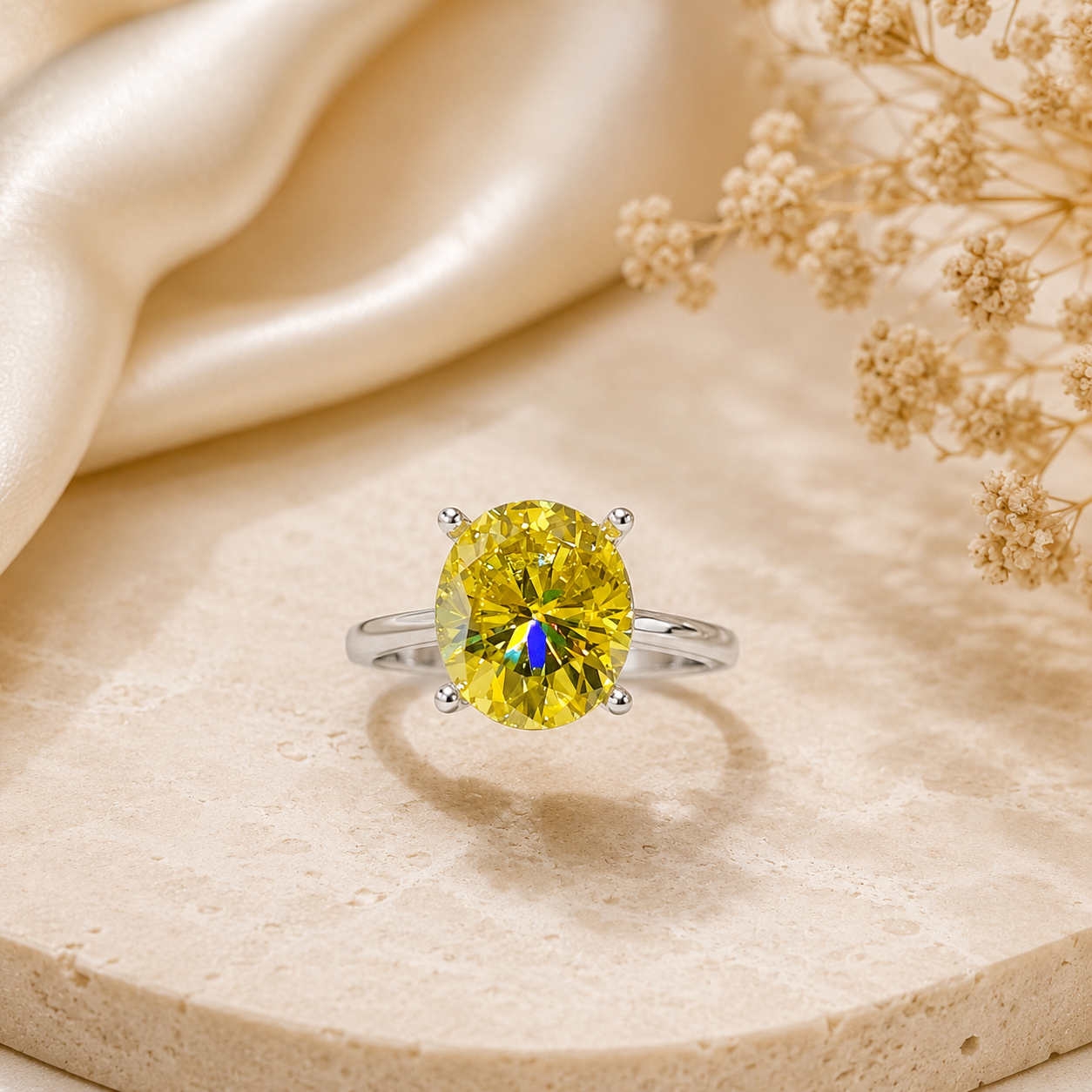 5 Carat Oval Cut Yellow Moissanite Solitaire Ring in 925 Sterling Silver