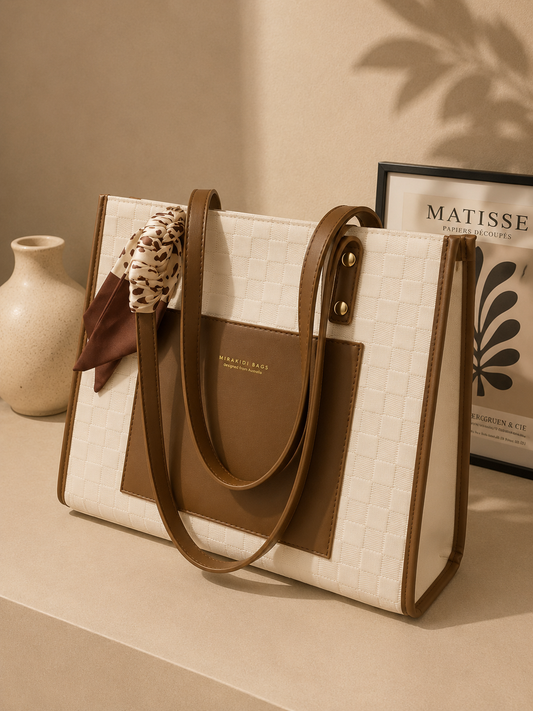 Large Color Block PU Leather Shoulder Tote Bag