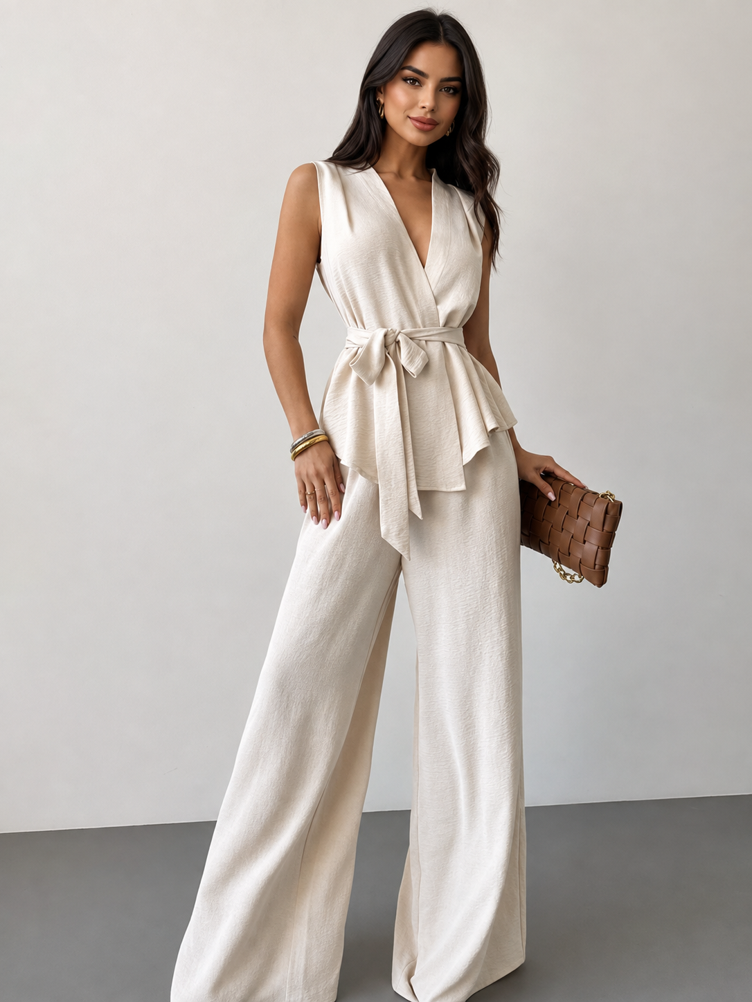 Women's Sleeveless Wrap Top & Wide-Leg Pants Two-Piece Set