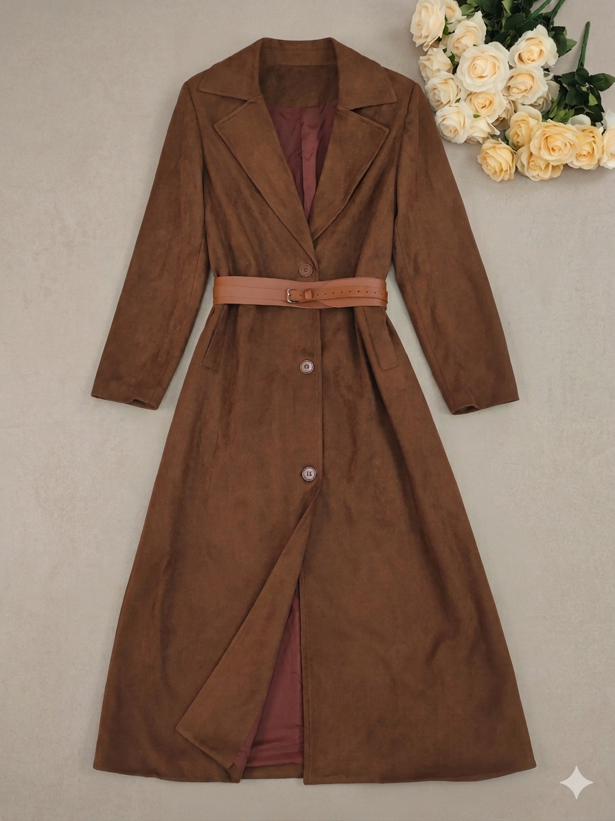 Lapel Collar Longline Suede Coat Belted Women's Outerwear – Elegant Maxi Coat for Women