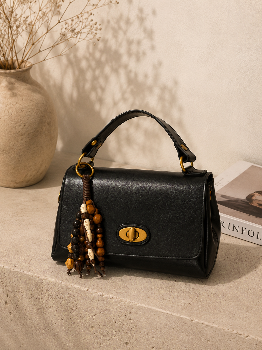 Flap Leather Shoulder Bag with Turn-Lock Closure
