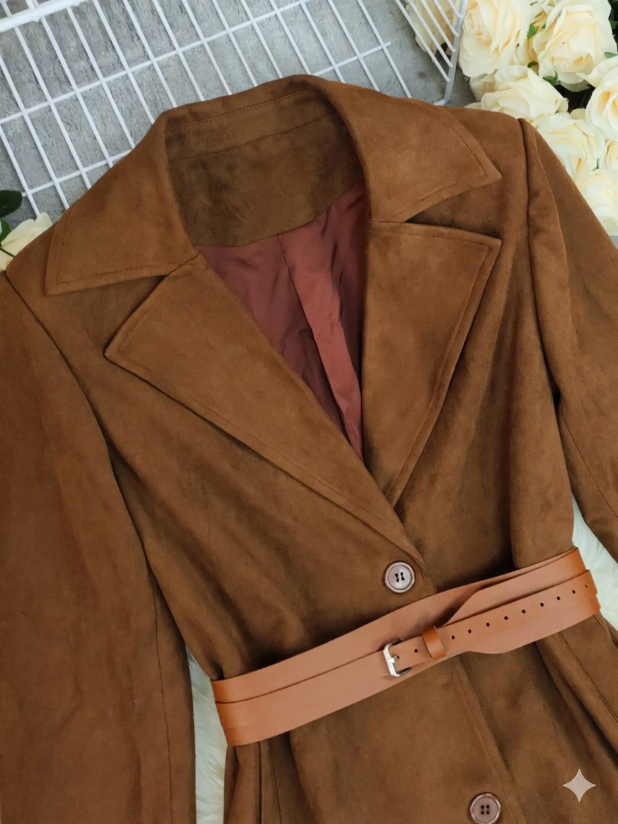 Lapel Collar Longline Suede Coat Belted Women's Outerwear – Elegant Maxi Coat for Women