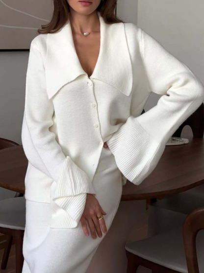 Buttoned Long Sleeve Ribbed Knit Cardigan & Skirt Set