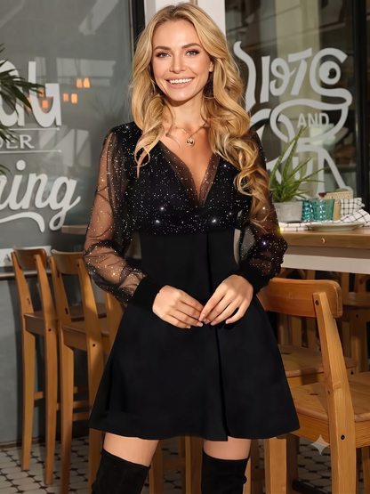 Glitter Mesh V-Neck Fit-and-Flare Mini Dress