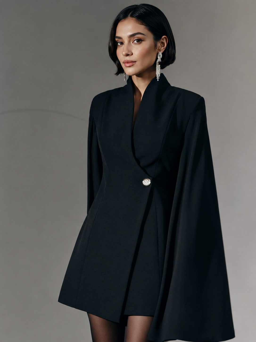 Black Cape Sleeve Blazer Mini Dress One Button Fitted Dress