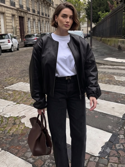 Black Faux Leather Zip-Up Cropped Bomber Jacket