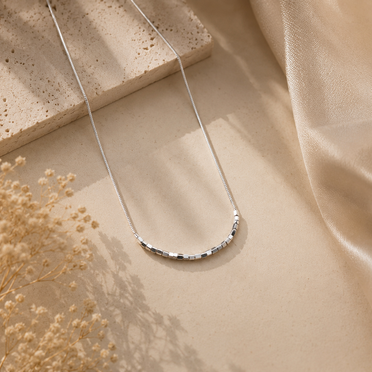 925 Sterling Silver Cube Bead Chain Necklace