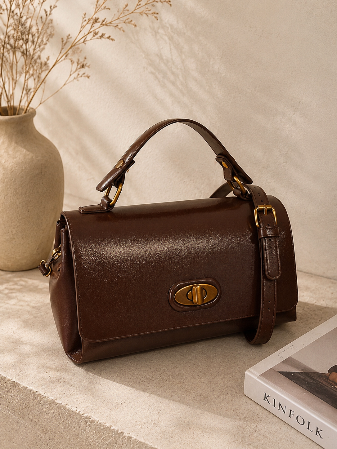 Flap Leather Shoulder Bag with Turn-Lock Closure
