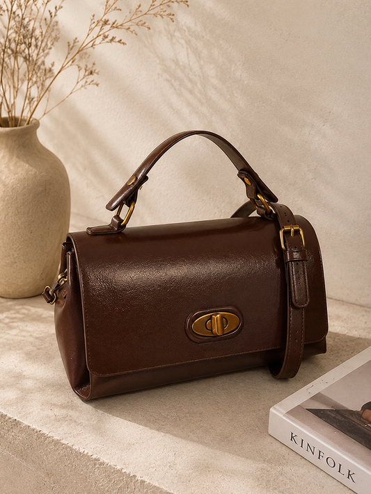 Flap Leather Shoulder Bag with Turn-Lock Closure