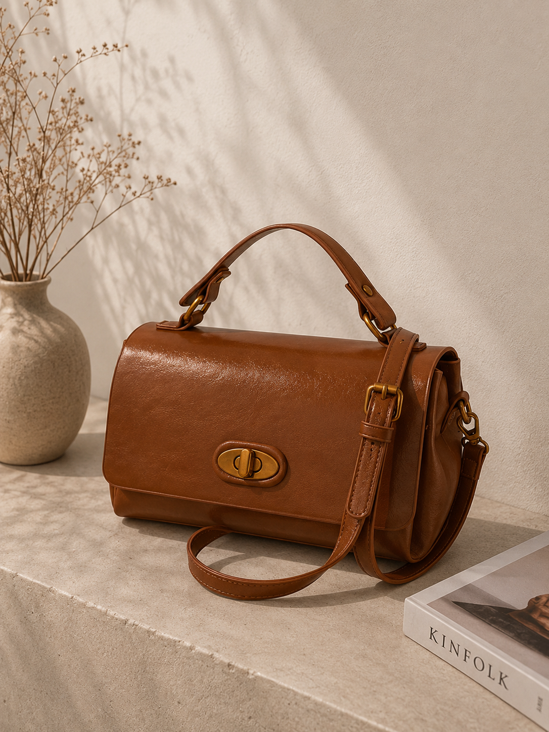 Flap Leather Shoulder Bag with Turn-Lock Closure