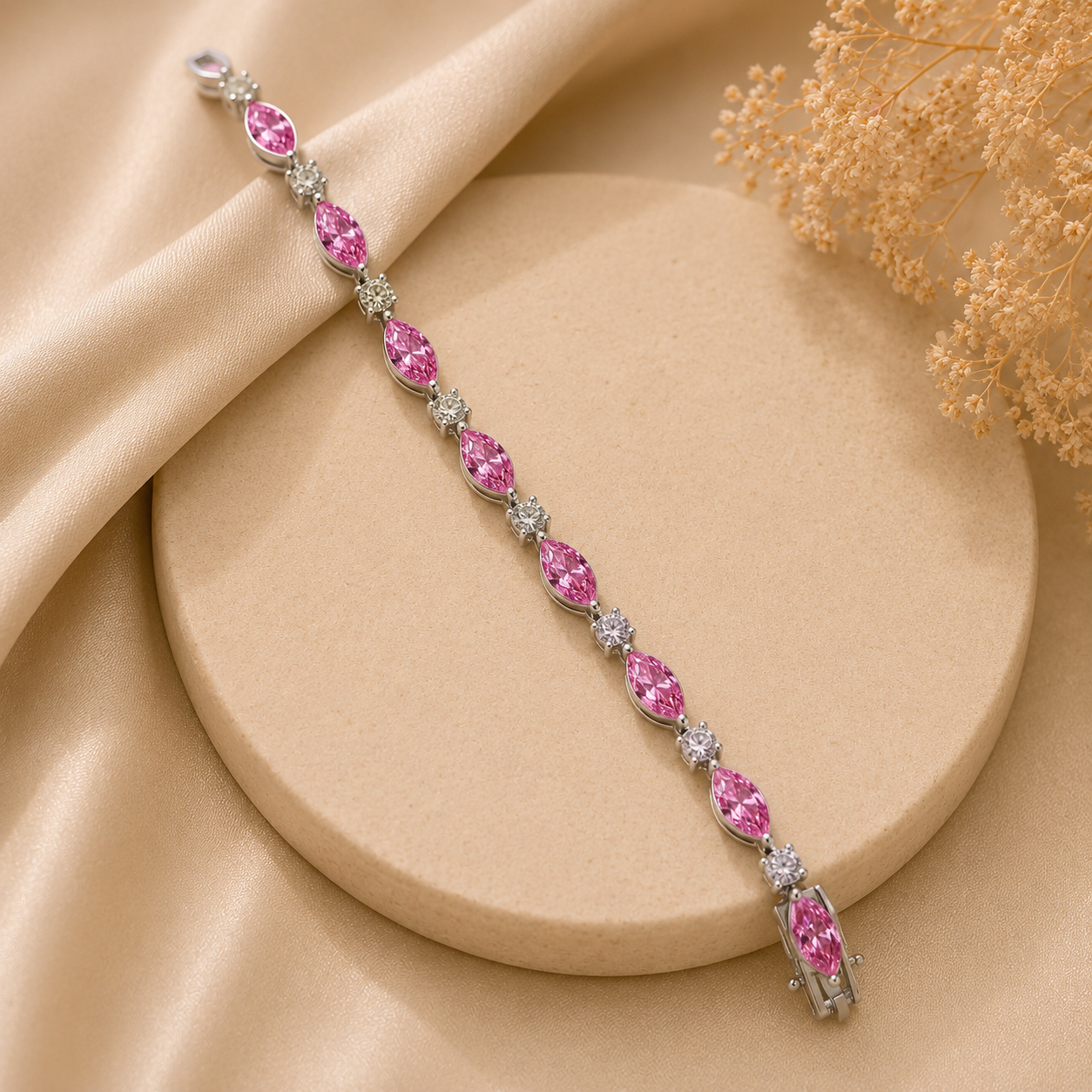 925 Sterling Silver Pink Marquise Moissanite Tennis Bracelet