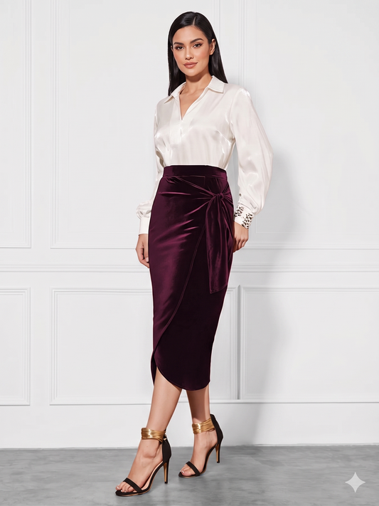 Side Tied Velvet Midi Skirt