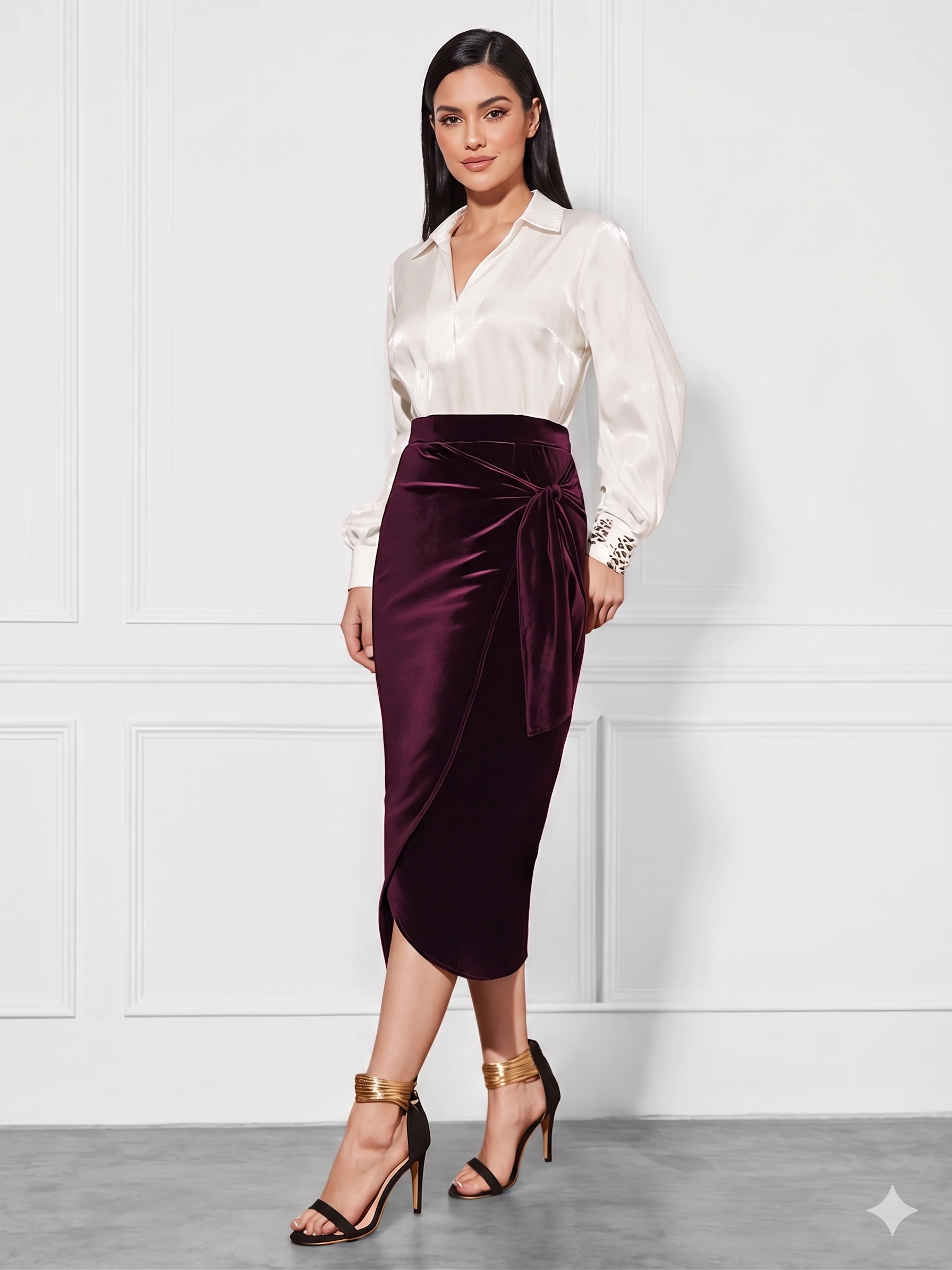 Wine Velvet Side-Tie Wrap Midi Skirt | High-Waisted Fitted Skirt