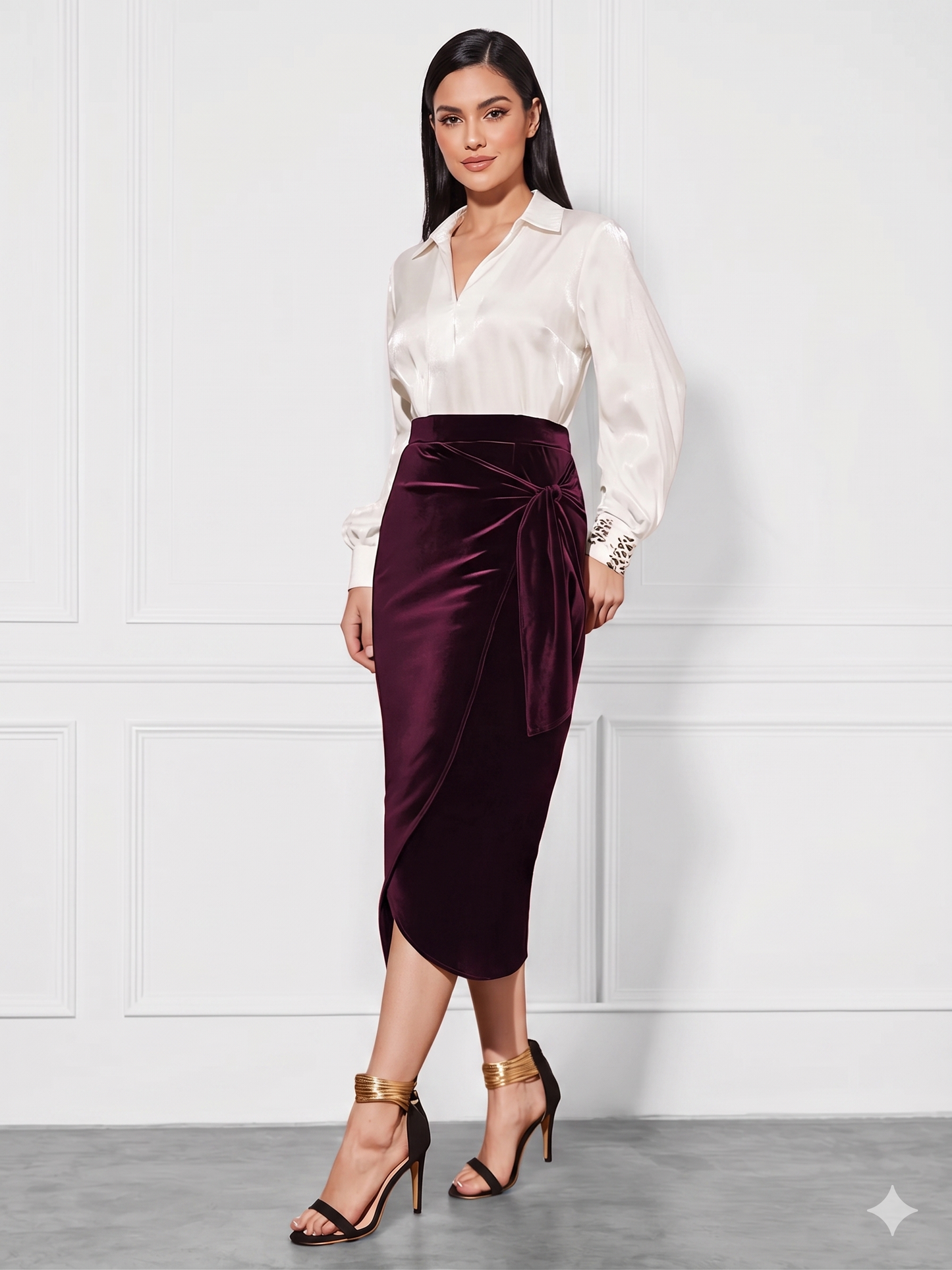 Side Tied Velvet Midi Skirt