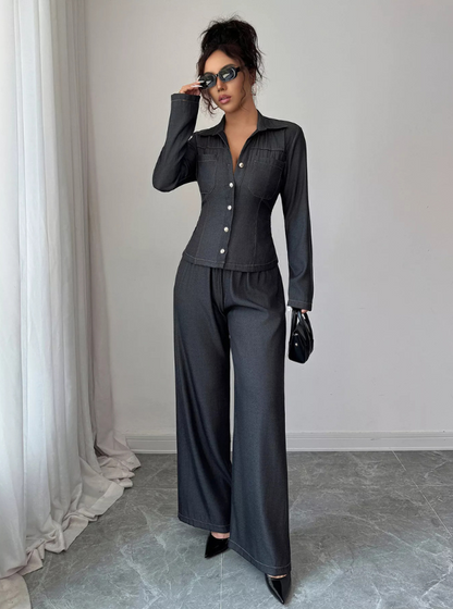 Button-Up Corset Shirt and Wide Leg Pants Set Women's Two-Piece