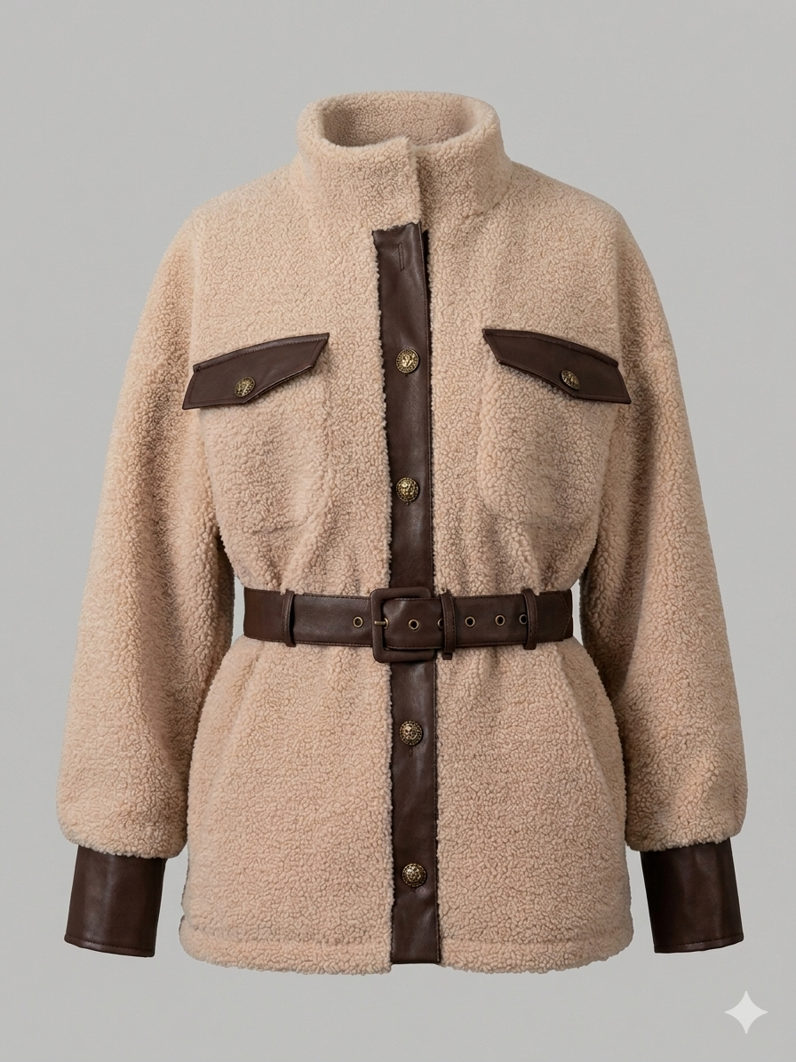 Leather Trim Sherpa Outerwear Belted Pocketed Women's Coat – Teddy Sherpa Winter Jacket