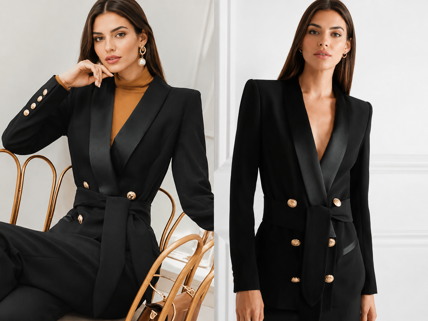Double-Breasted Slim Fit Blazer with Belt and Gold Buttons