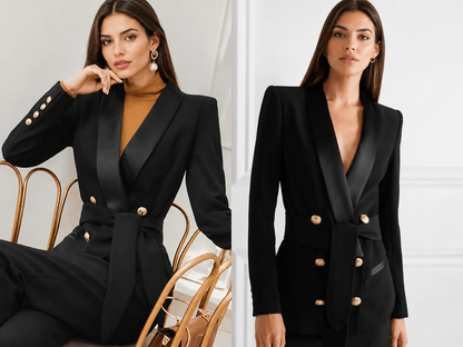 Double-Breasted Slim Fit Blazer with Belt and Gold Buttons
