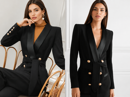 Double-Breasted Slim Fit Blazer with Belt and Gold Buttons
