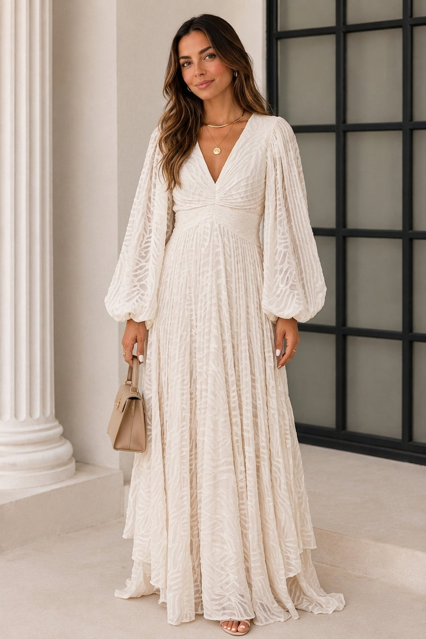 The Eloise Dress | Ivory Jacquard Maxi with V-Neck & Bishop Sleeves