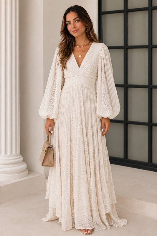 The Eloise Dress | Ivory Jacquard Maxi with V-Neck & Bishop Sleeves