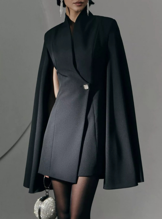 Black Cape Sleeve Blazer Mini Dress One Button Fitted Dress