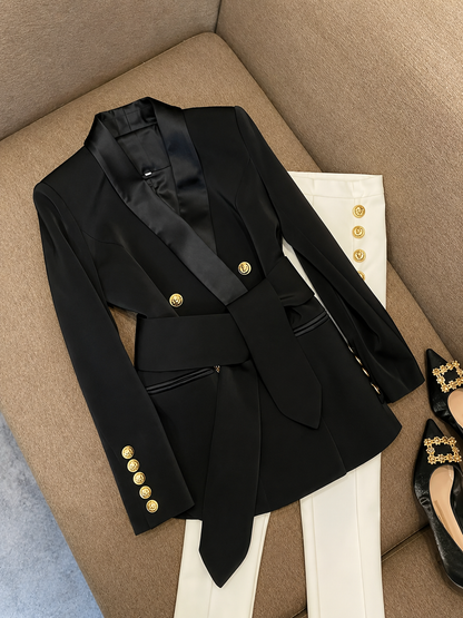 Double-Breasted Slim Fit Blazer with Belt and Gold Buttons