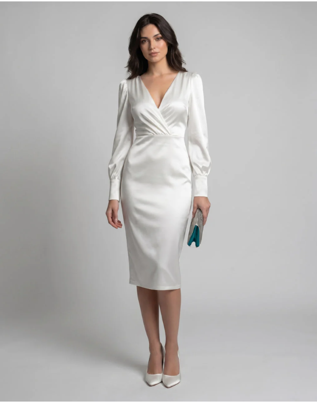 Surplice Long Sleeve Satin Midi Dress